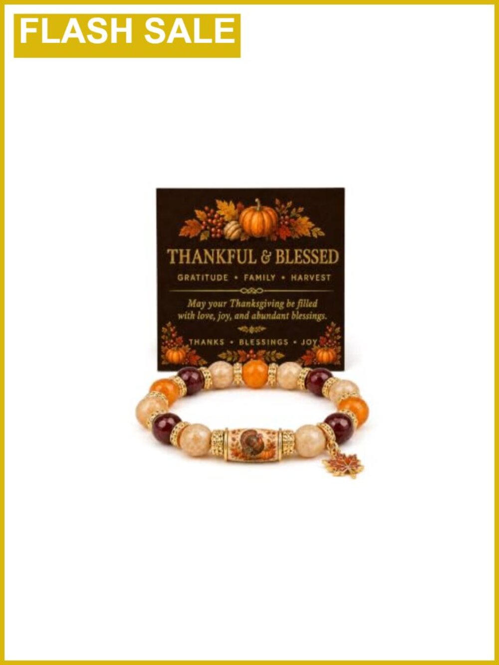 10mm Natural Stone Beaded Stretch Bracelet Pumpkin Maple Leaf Charm